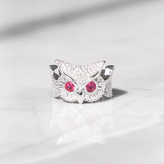 Diamond Owl Ring 14k White Vermeil