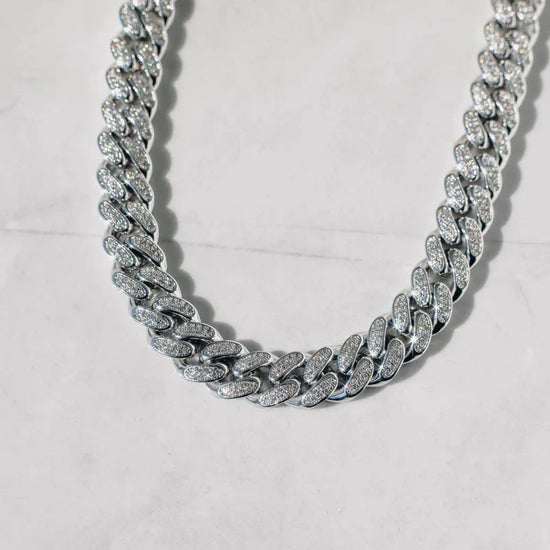 12mm Diamond Cuban Chain 14k White Vermeil