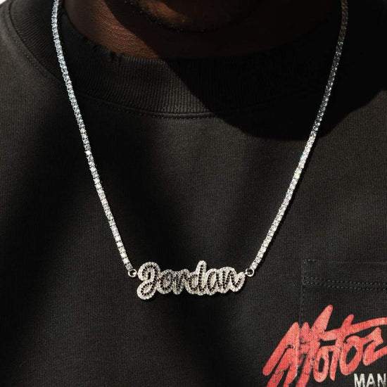 Custom Script Pendant w/ Black Diamonds on Tennis Chain