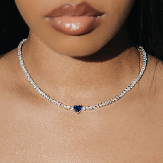 Sapphire Heart Centered Tennis Chain White Gold